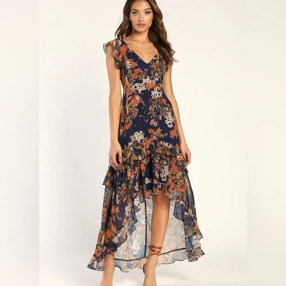 lulus Stunning Favorite Navy Blue Floral Ruffled High-Low Maxi Dress - Picture 1 of 9